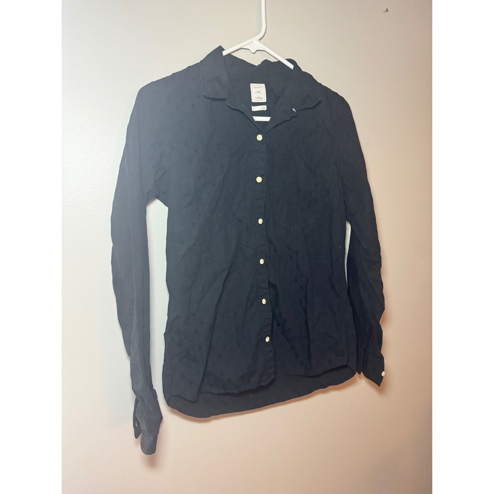 Gap Fitted Boyfriend Shirt Womens Small Black Polka Dot Button Down Cotton Top